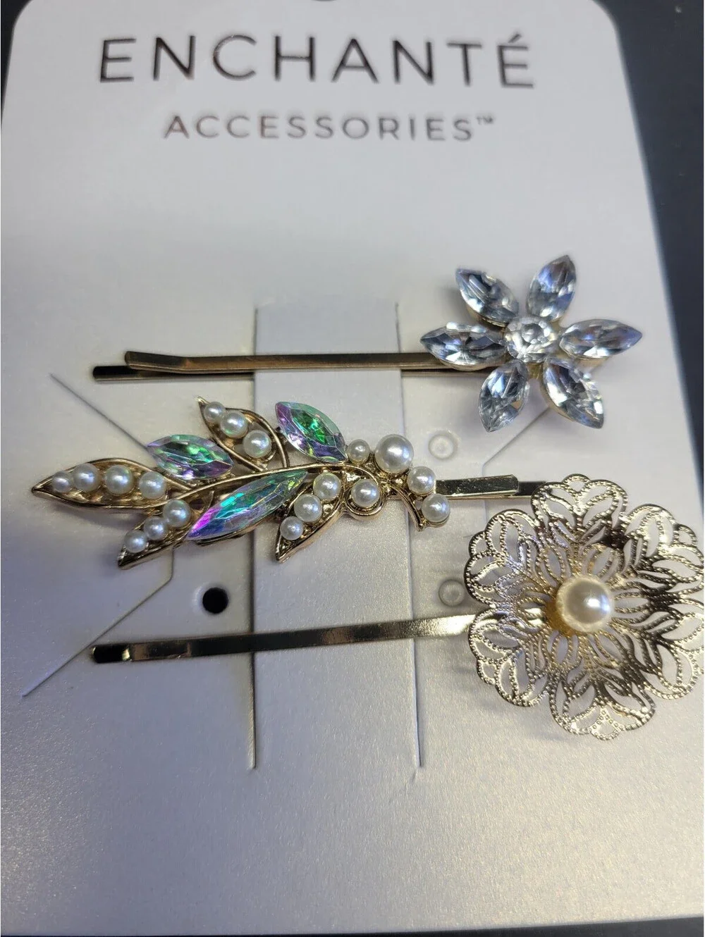6 Pc Enchante Accessories Girls Bobby Hair pins Floral Flower Rhinestones Pearls